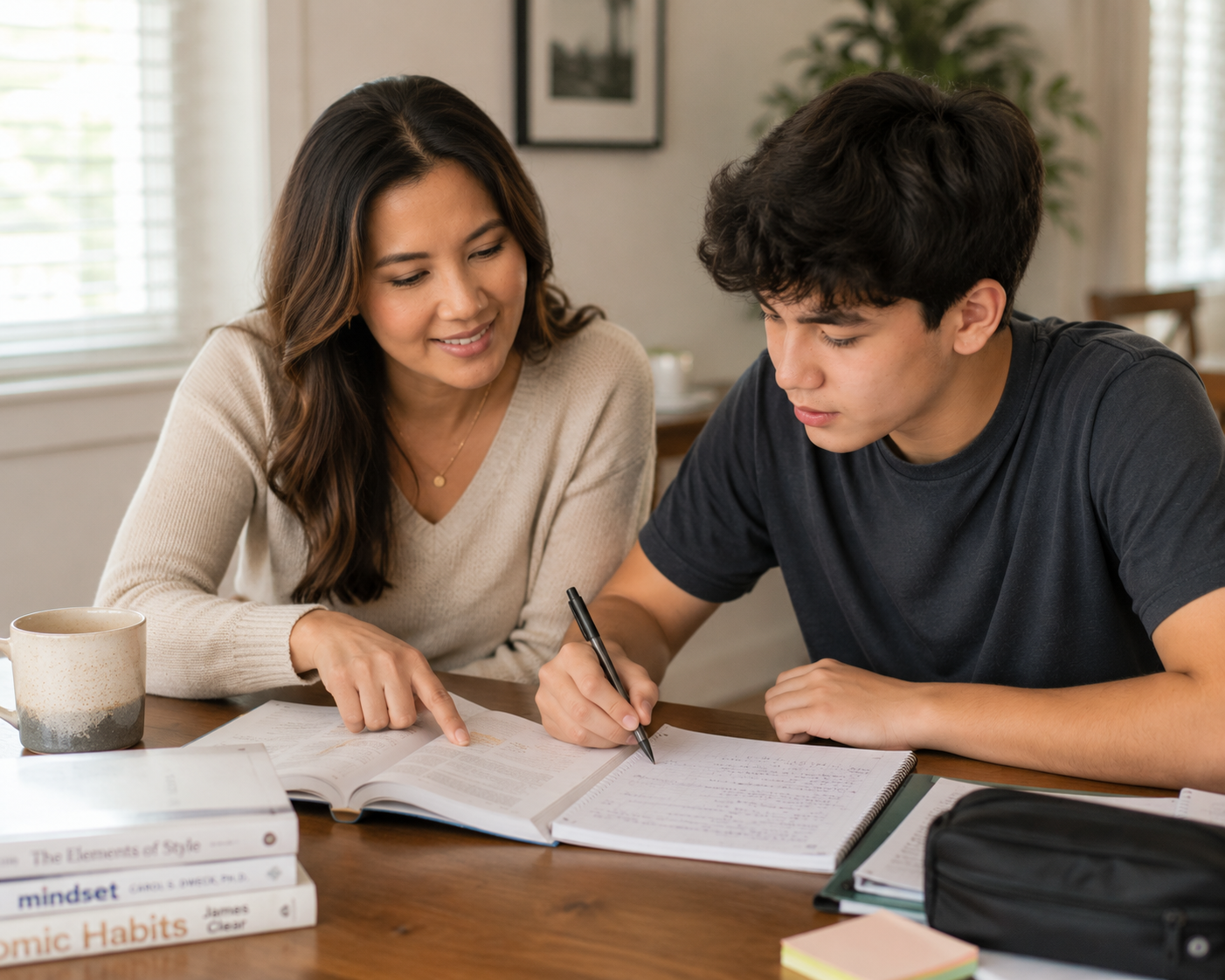 Kimberly Truong tutoring a student with books and homework